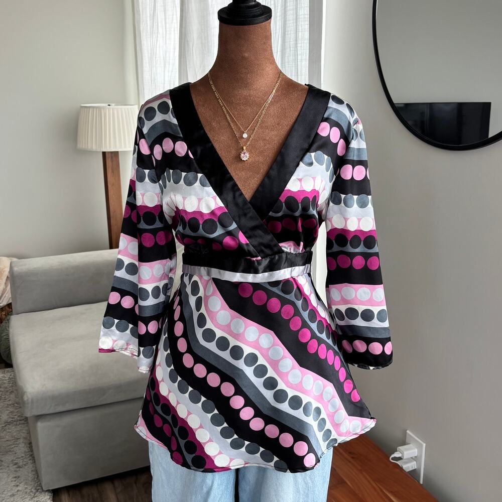 2000s Vintage AB Studio Polka Dot Satin Wrap Top 60s 70s Disco Y2K Size Medium